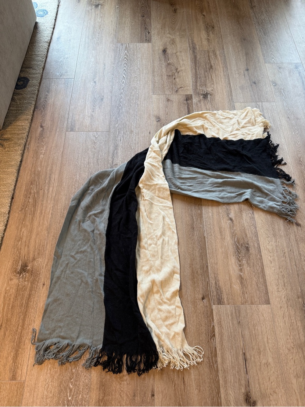DONNI. Striped Fringed Wrap in Cream, Black & Gray